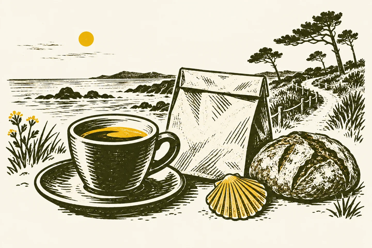 Ilustración de café, pan y Camino en la costa gallega
