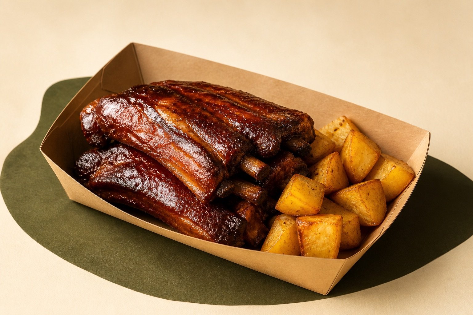 Presentación de costilla con patatas para llevar