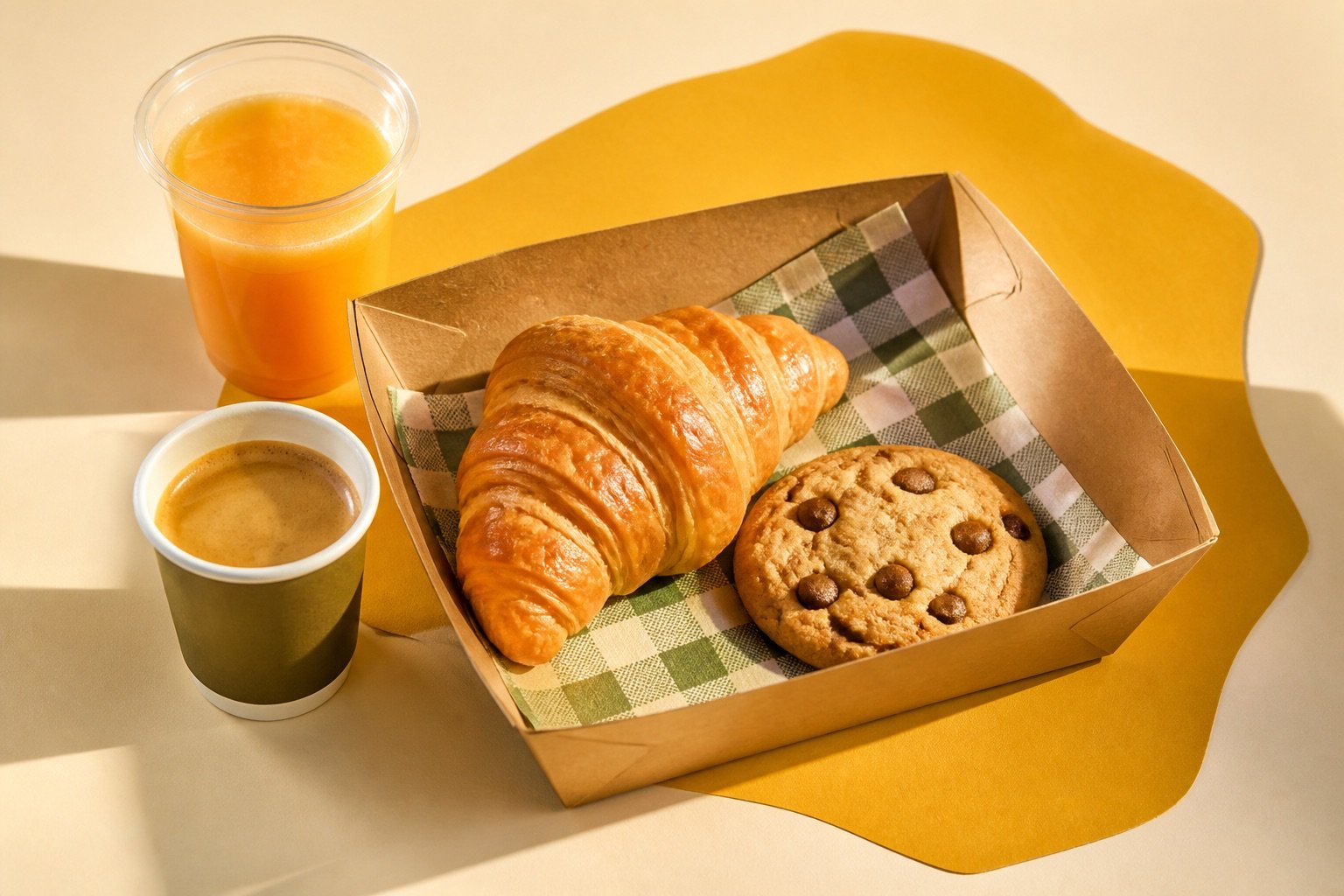 Presentación de desayuno con café, zumo y bollería